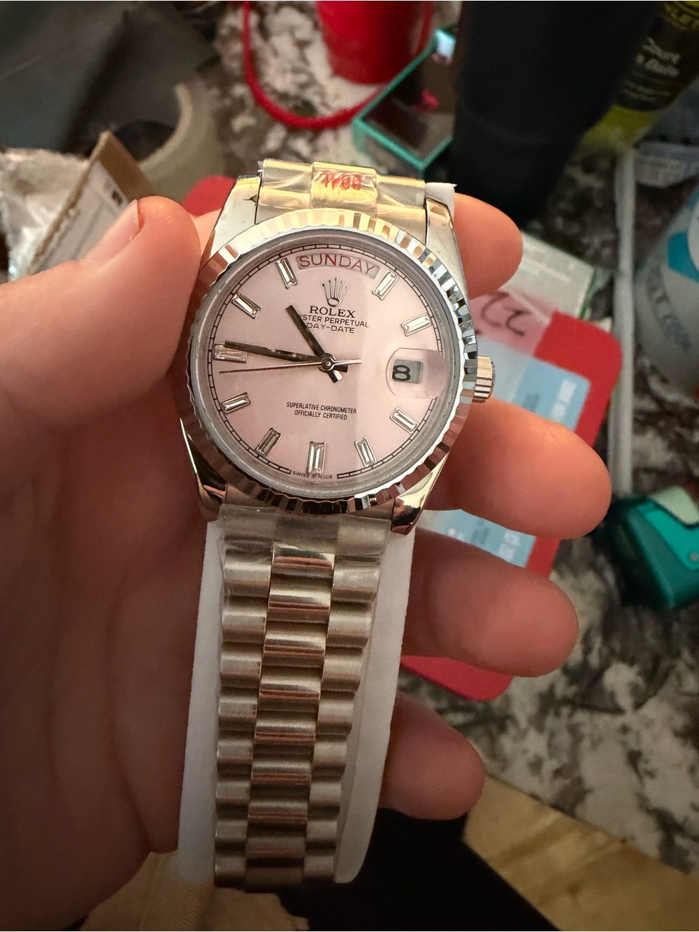 Pink Dial Silver Bracelet Day-Date Watch